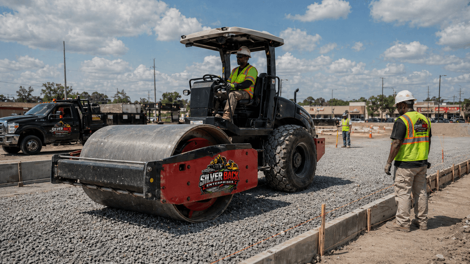 Silverback vibratory smooth-drum roller compacting aggregate base