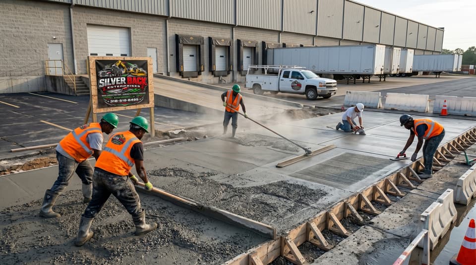 Silverback crew finishing a heavy-duty concrete loading apron at a distribution facility