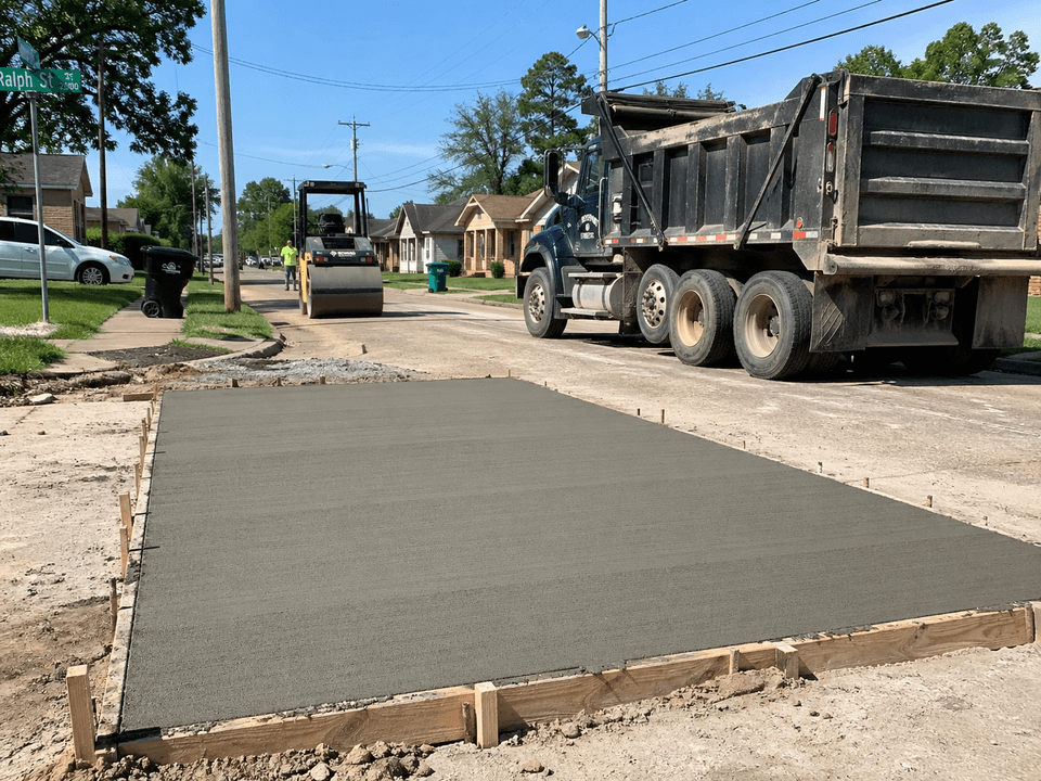 Fresh broom-finished concrete street panel patch on a Shreveport corridor with roller and dump truck staged